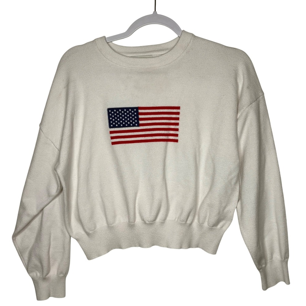 Faded Rose USA Flag Cropped Sweater White Knit M Coquette Americana Y2K Coastal